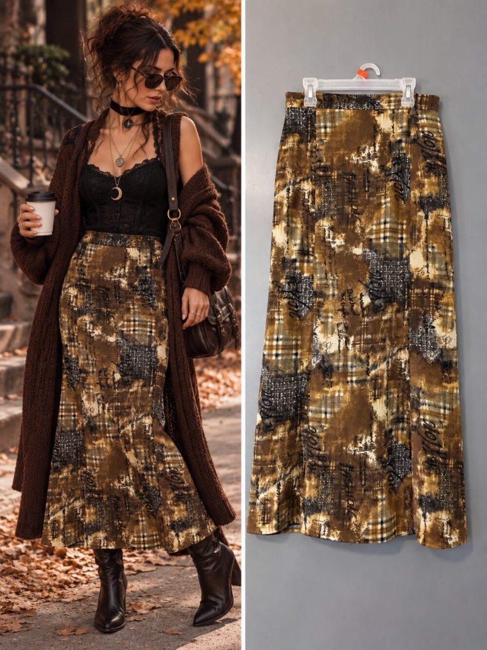Vintage Brown Plaid Script Print A Line Midi Skirt Whimsigoth Dark Academia 7